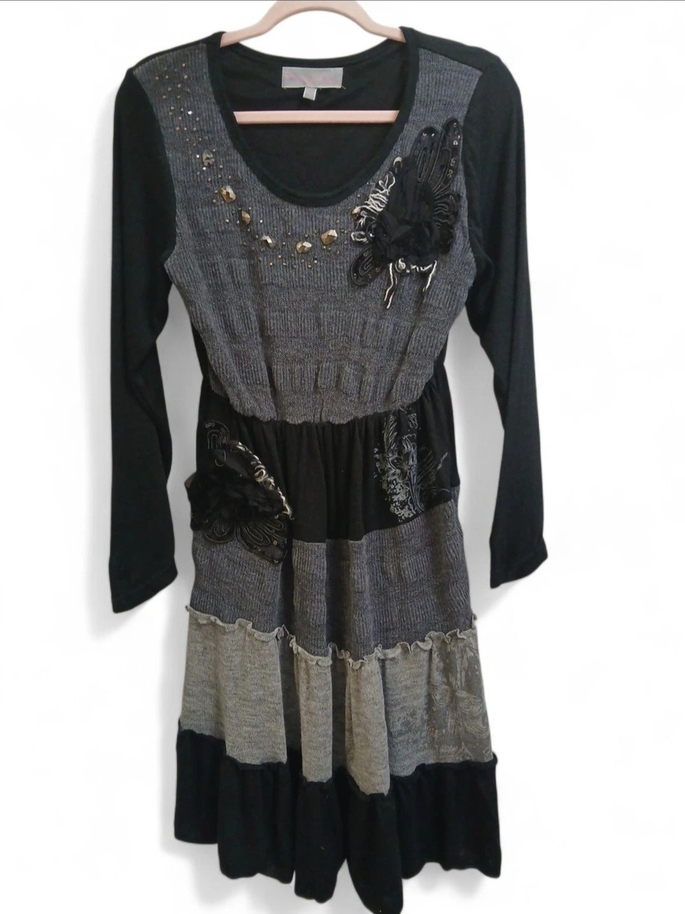 Pretty Angel Black and Gray Long-Sleeve Tiered Dress with Embellished Floral